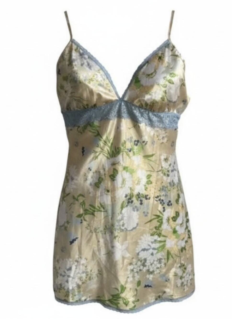 ADORE ME CHAMPAGNE GOLD FLORAL SATIN BLUE LACE NIGHT CHEMISE SLIP SIZE XLARGE